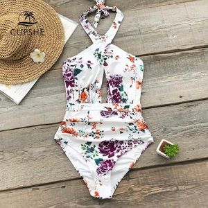 Cupshe XL white Floral padded Halter criss cross/halter style One-Piece Swimsuit